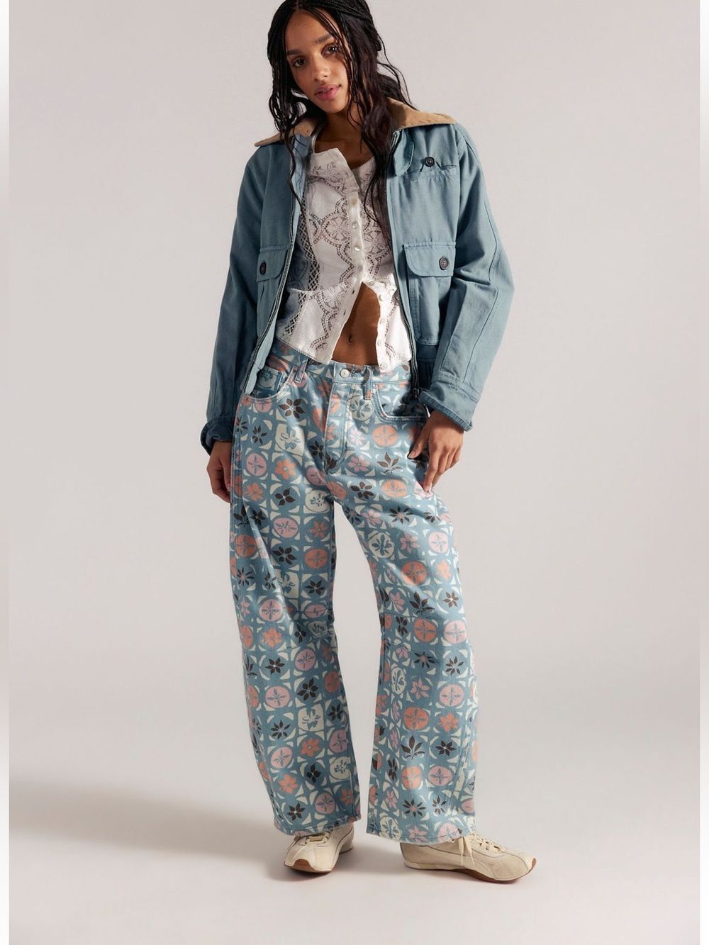NWT Free People NWT Good Luck Printed Barrel Jeans Size in Jade Combo-Ditsy Bloc